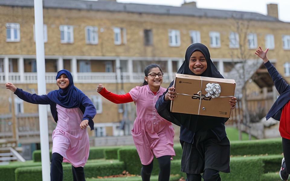 A child and her friends celebrating receiving a new, boxed laptop, running towards the camera